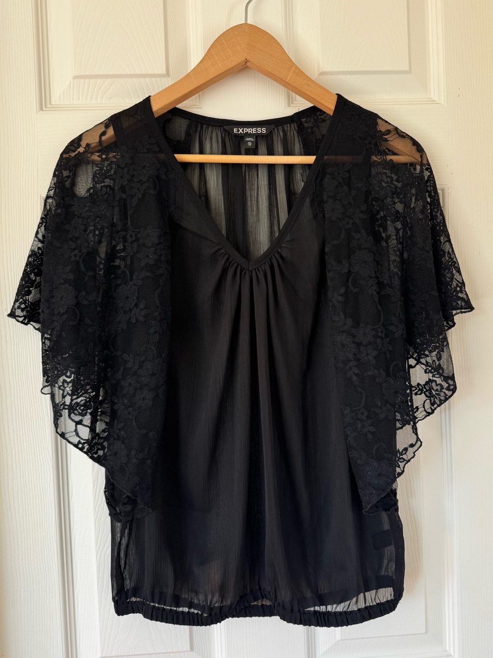 Express Black Lace Flutter Sleeve Blouse XS Sheer V Neck